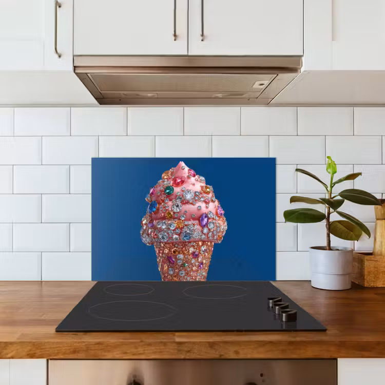 Ijsje - Hoorntje - Steentjes - Blauw keuken achterwand spatscherm klein -sfeer2