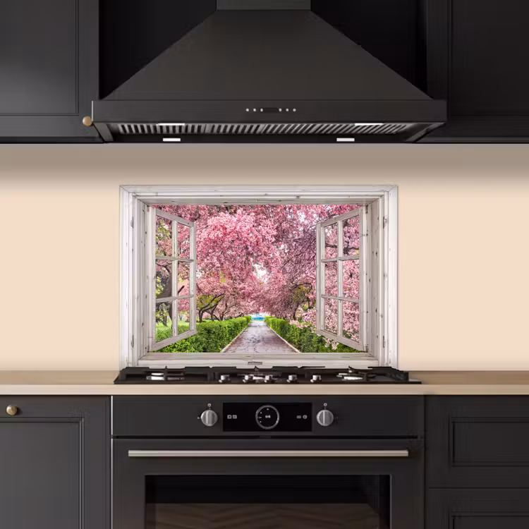 Japans - Sakura - Bloesem - Boom - Bloesem takken - Doorkijk keuken achterwand spatscherm klein -sfeer1