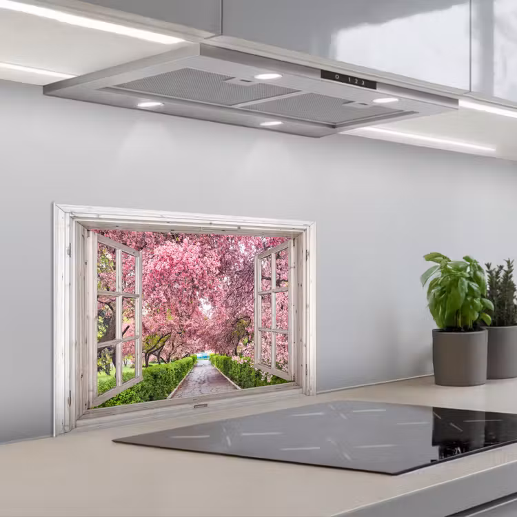 Japans - Sakura - Bloesem - Boom - Bloesem takken - Doorkijk keuken achterwand spatscherm klein -3d_schuin