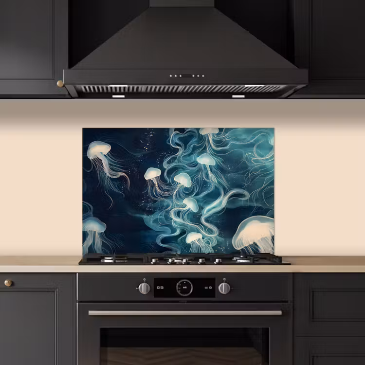 Kwallen - Zee - Wit - Golven keuken achterwand spatscherm klein -sfeer1