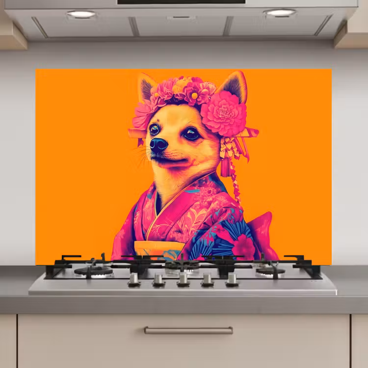 Kimono - Hondje - Bloemenkroon - Oranje keuken achterwand spatscherm klein -3d_website