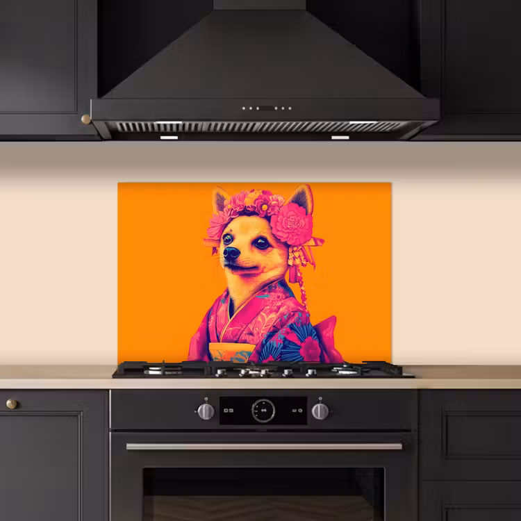 Kimono - Hondje - Bloemenkroon - Oranje keuken achterwand spatscherm klein -sfeer1