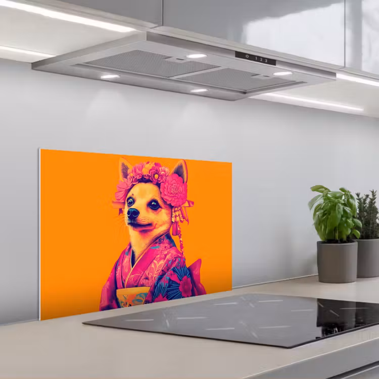 Kimono - Hondje - Bloemenkroon - Oranje keuken achterwand spatscherm klein -3d_schuin