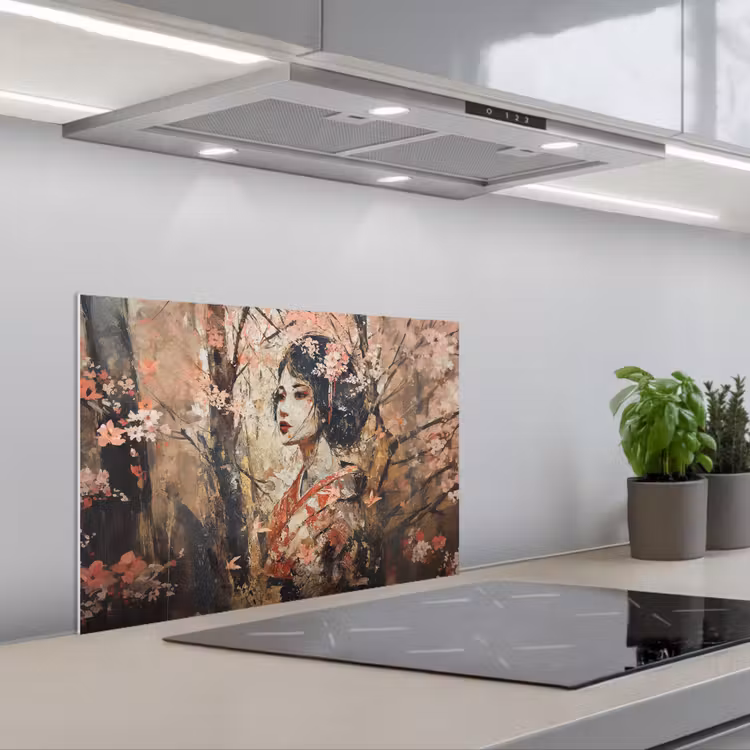 Kimono - Vrouw - kersenbomen keuken achterwand spatscherm klein -3d_schuin
