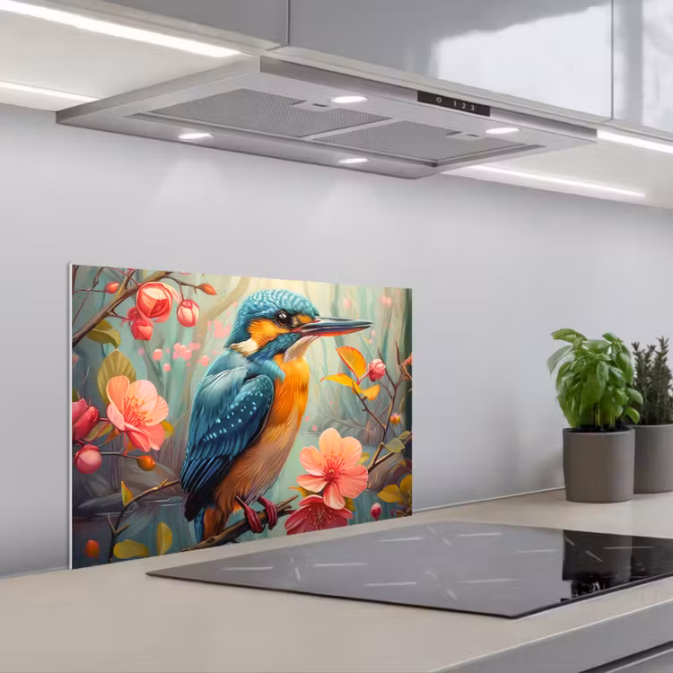 IJsvogel - Bloesem - Natuur - Vogels - Bloemen keuken achterwand spatscherm klein -3d_schuin