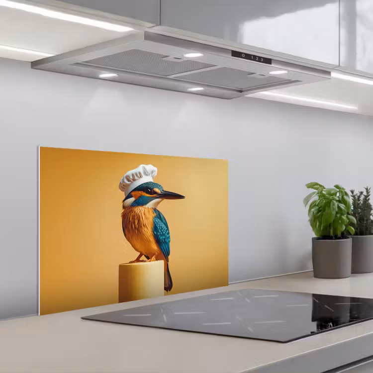 Ijsvogel - Pilaar - Koksmuts - Vogel keuken achterwand spatscherm klein -3d_schuin