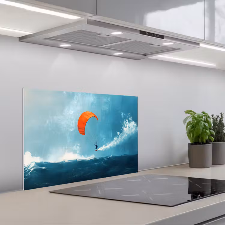 Kitesurfer - Oranje - Zee - Lucht keuken achterwand spatscherm klein -3d_schuin