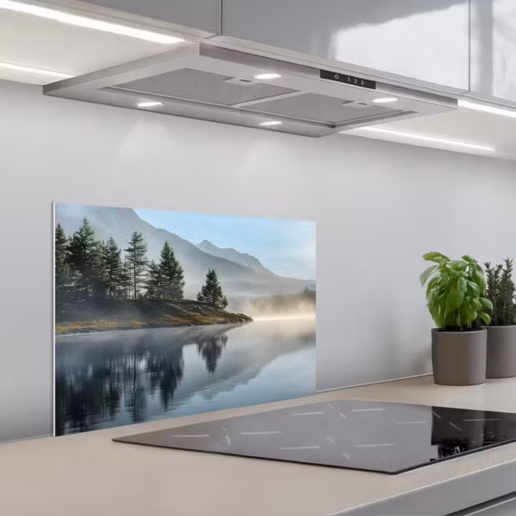 Meer - Mist - Bergen - Landschap keuken achterwand spatscherm klein -3d_schuin
