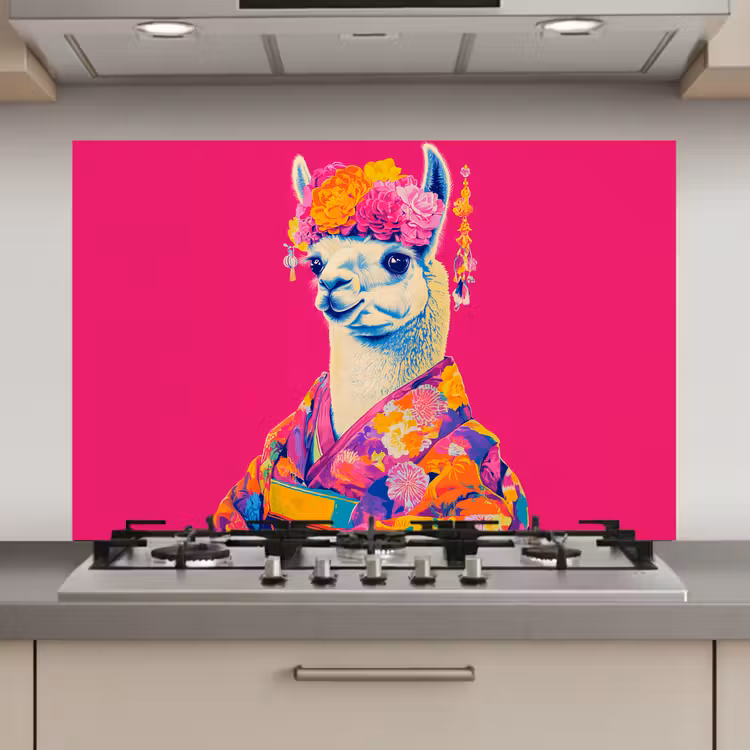 Lama - Kimono - Bloemenkrans - Felroze keuken achterwand spatscherm klein -3d_website