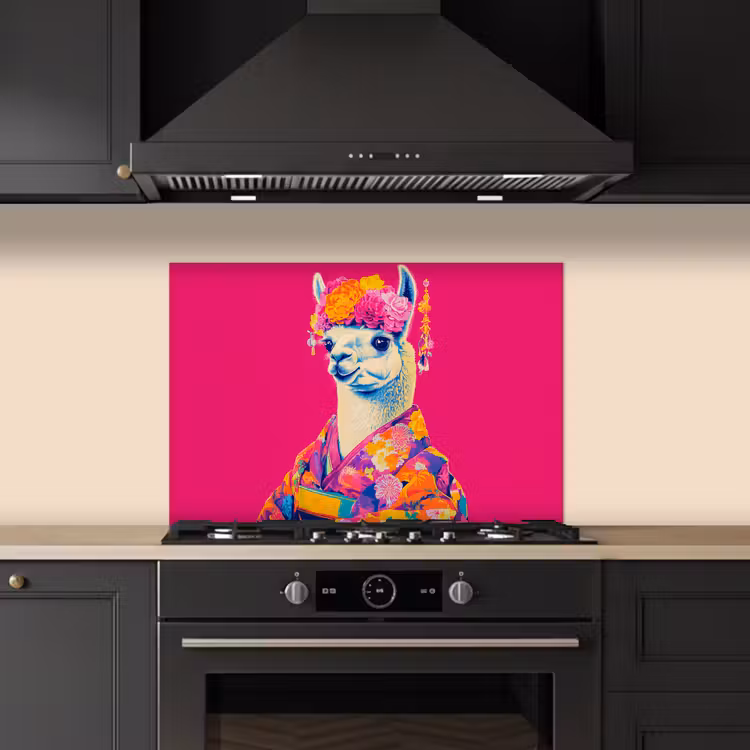 Lama - Kimono - Bloemenkrans - Felroze keuken achterwand spatscherm klein -sfeer1