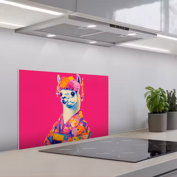 Lama - Kimono - Bloemenkrans - Felroze keuken achterwand spatscherm klein -3d_schuin