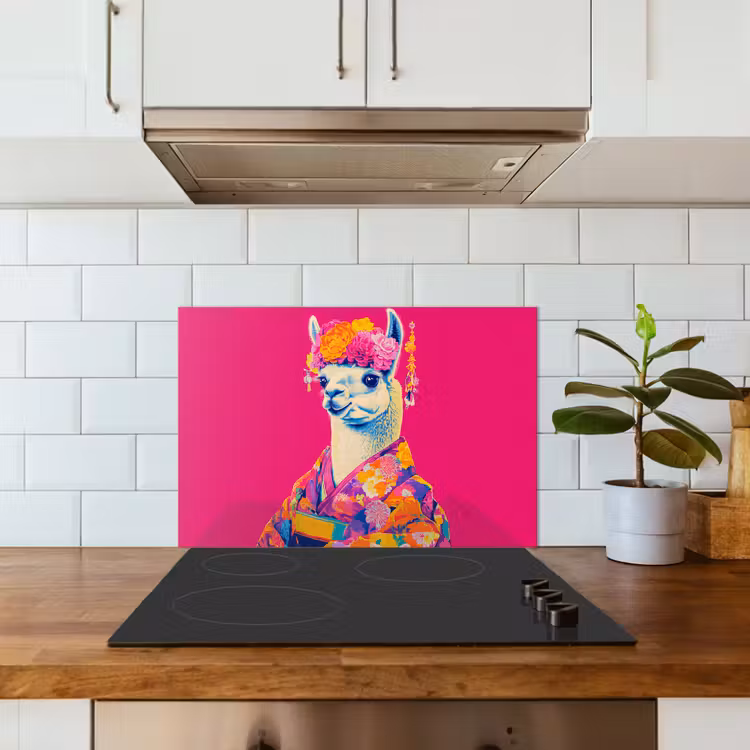 Lama - Kimono - Bloemenkrans - Felroze keuken achterwand spatscherm klein -sfeer2