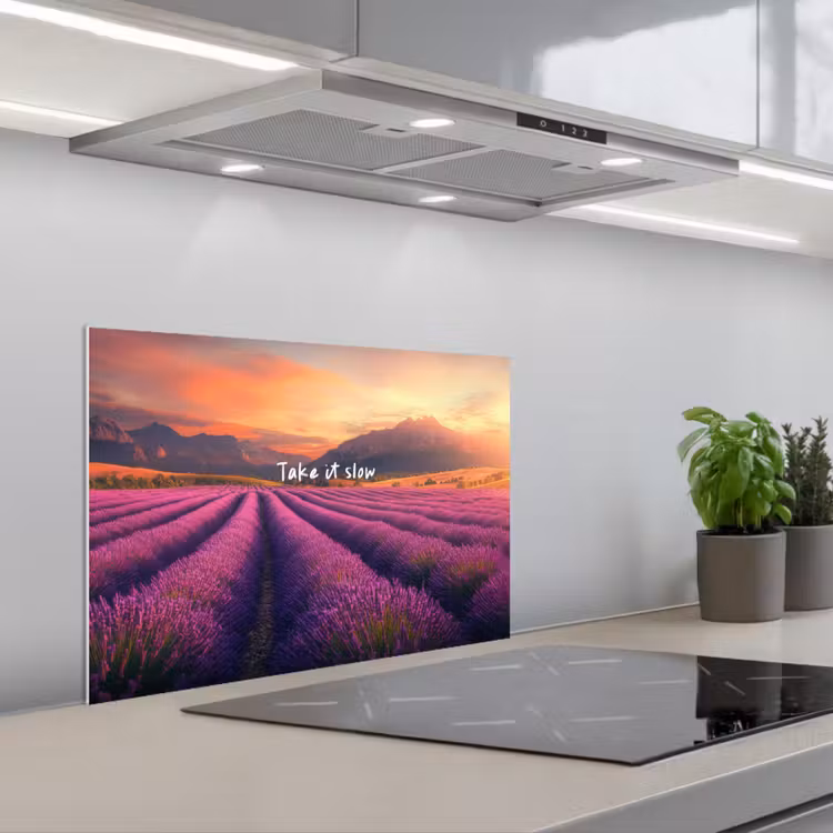 Lavendelveld - Quote - Zonsondergang keuken achterwand spatscherm klein -3d_schuin