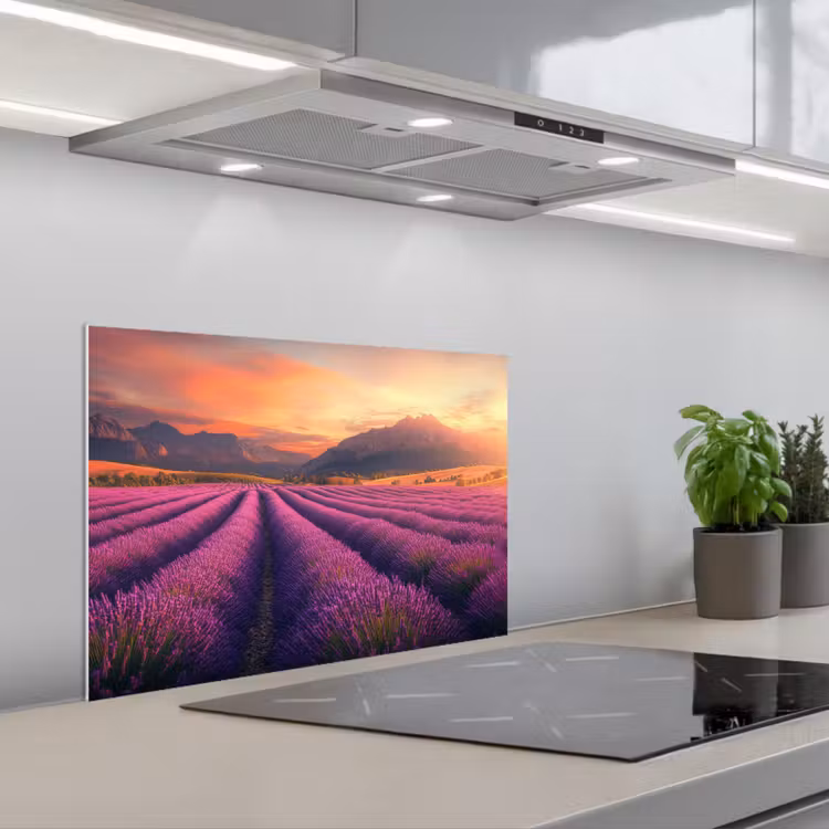 Lavendelveld - Zonsondergang - Paars keuken achterwand spatscherm klein -3d_schuin