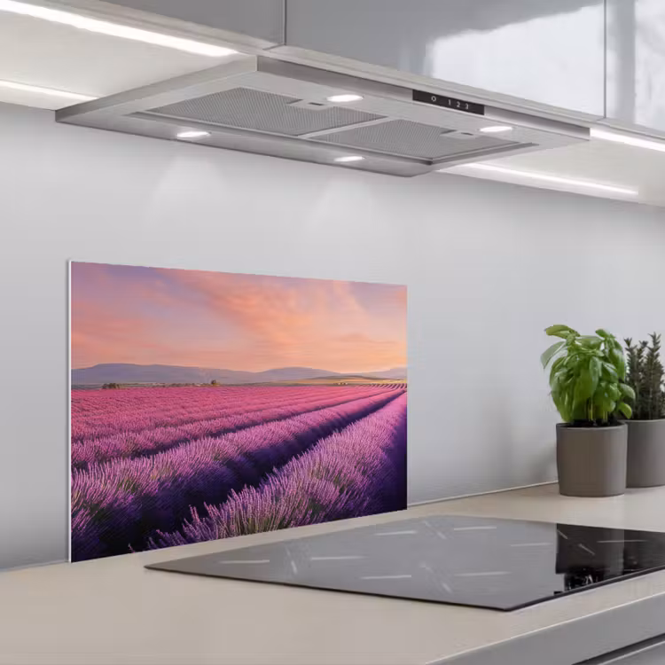 Lavendelveld - Zonsondergang - Paars - Bloemen keuken achterwand spatscherm klein -3d_schuin