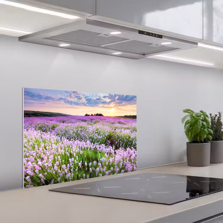 Lavendel - Bloemen - Zonsondergang - Paars - Weide keuken achterwand spatscherm klein -3d_schuin