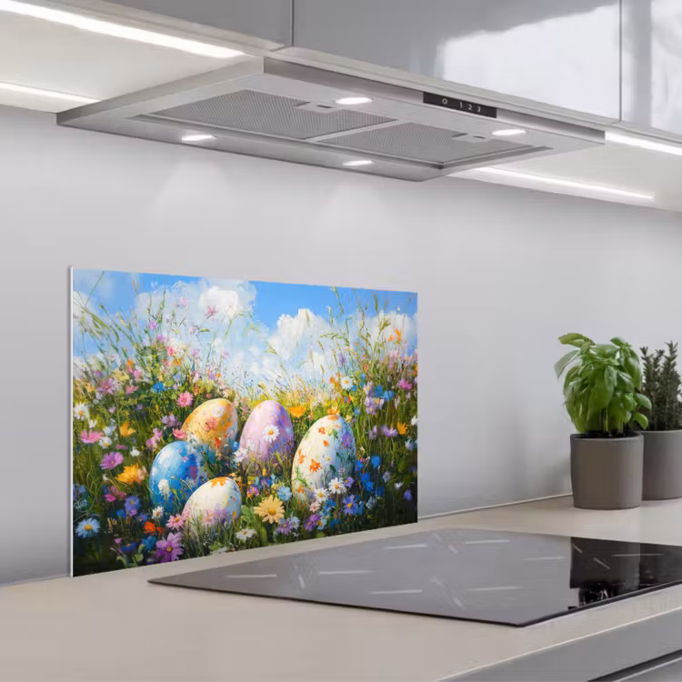Grasveld - Eieren - Bloemen keuken achterwand spatscherm klein -3d_schuin