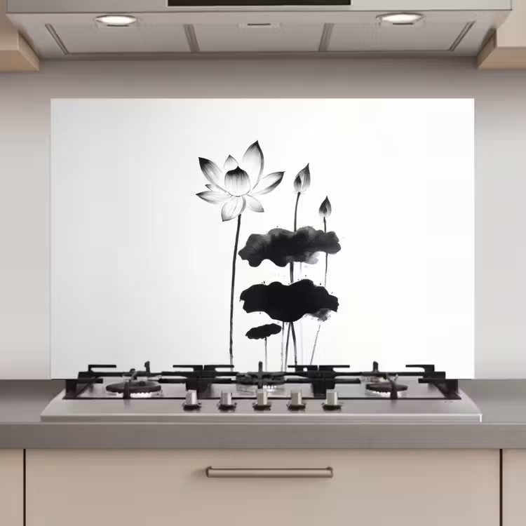Bladeren - Zwart - Lotusbloem - Minimalitisch keuken achterwand spatscherm klein -3d_website