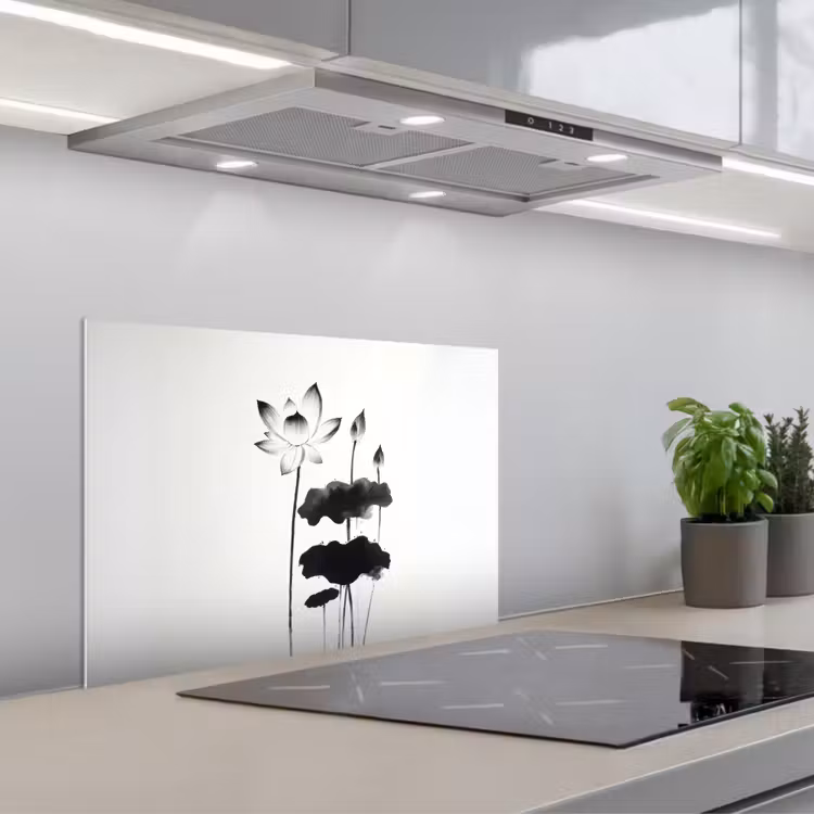 Bladeren - Zwart - Lotusbloem - Minimalitisch keuken achterwand spatscherm klein -3d_schuin