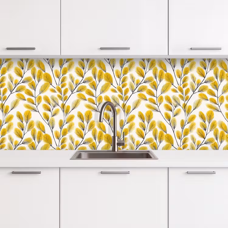 Bladeren - Botanisch - Elegant - Geel - Zwart keuken achterwand 2 middel 871 -3d