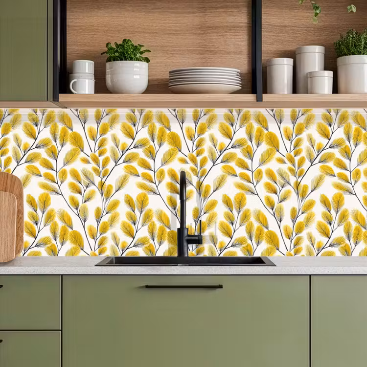 Bladeren - Botanisch - Elegant - Geel - Zwart keuken achterwand 2 middel 871 -sfeer3