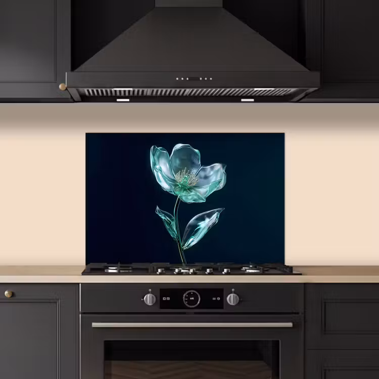 Bladeren - Bloem - Glazen - Donkerblauw keuken achterwand spatscherm klein -sfeer1