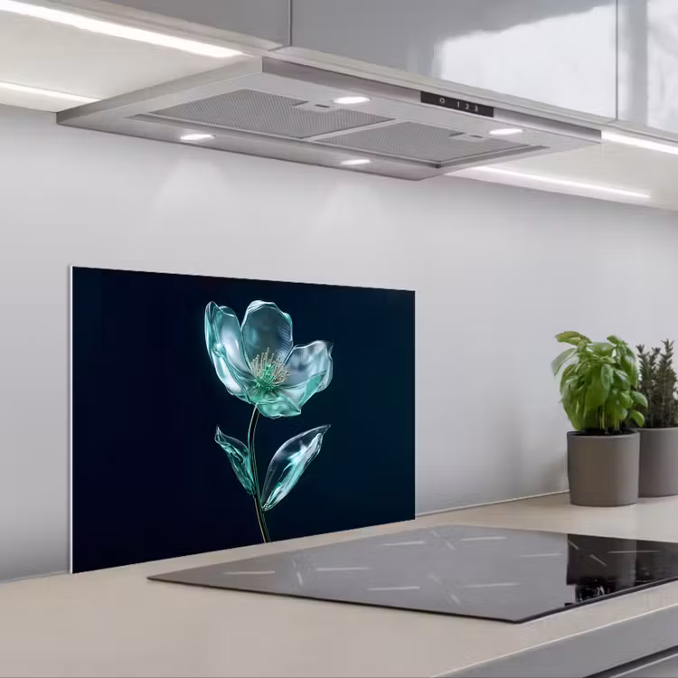 Bladeren - Bloem - Glazen - Donkerblauw keuken achterwand spatscherm klein -3d_schuin
