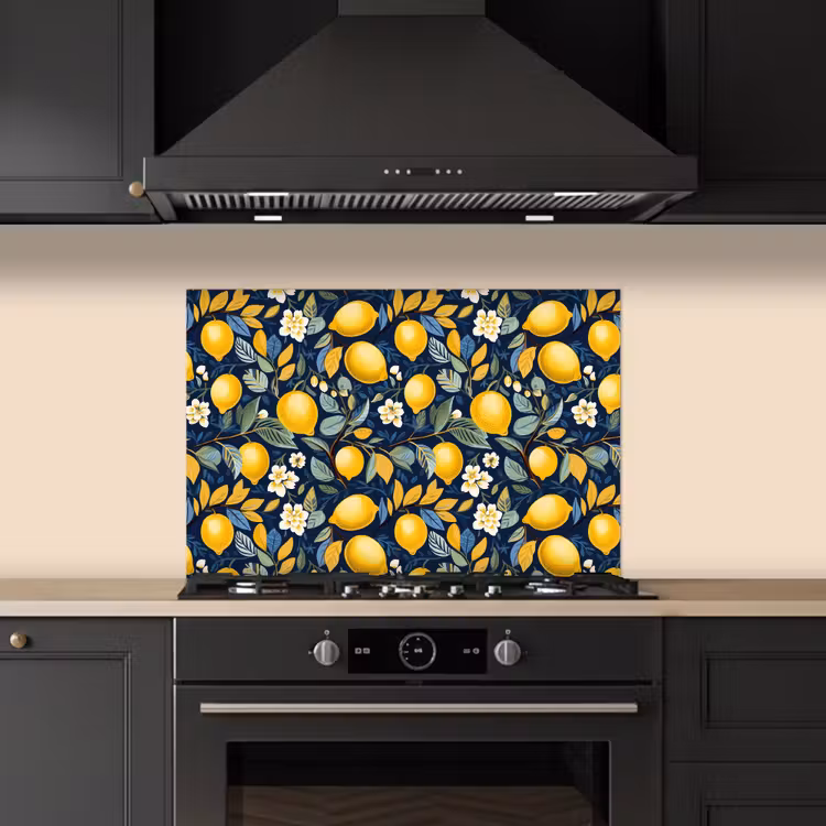 Citroenen - Bloemen - Bladeren - Blauw keuken achterwand spatscherm klein 900 -sfeer1