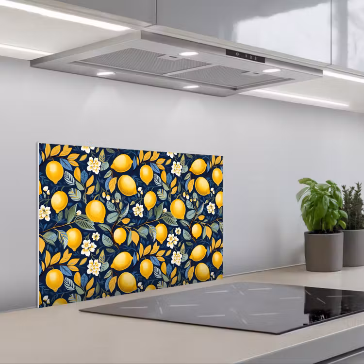 Citroenen - Bloemen - Bladeren - Blauw keuken achterwand spatscherm klein 900 -3d_schuin
