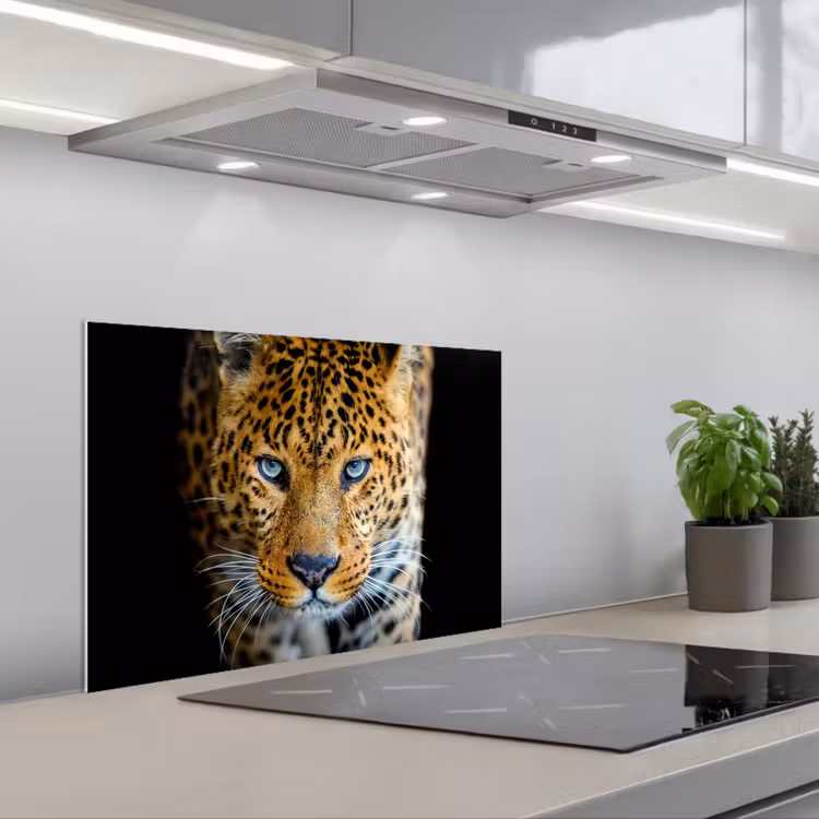 Luipaard - Dieren - Portret - Wilde dieren - Zwart keuken achterwand spatscherm klein -3d_schuin