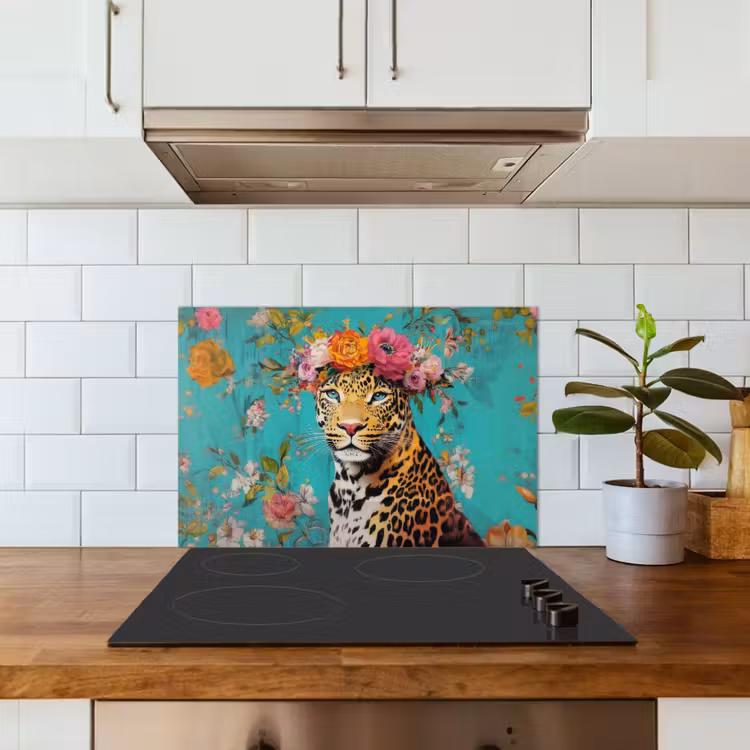 Luipaard - Bloemen - Kroon keuken achterwand spatscherm klein -sfeer2