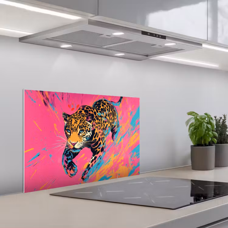 Luipaard - Roze - Oranje - Blauw - Verf keuken achterwand spatscherm klein -3d_schuin