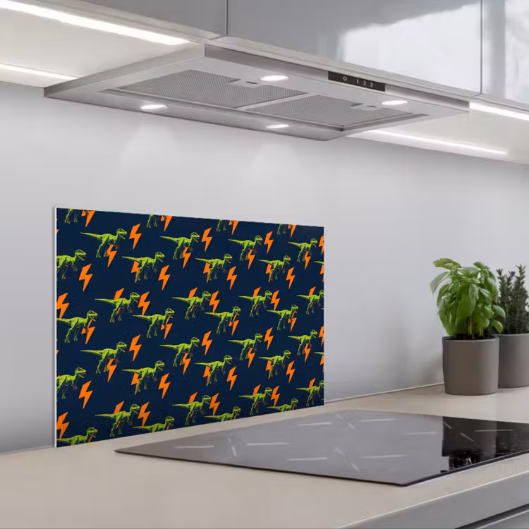 Bliksemschichten - Oranje - Dinosaurussen keuken achterwand spatscherm klein -3d_schuin