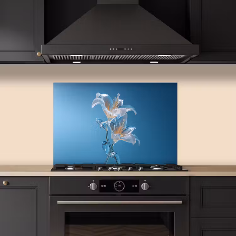 Lelies - Blauw - Glazen keuken achterwand spatscherm klein -sfeer1