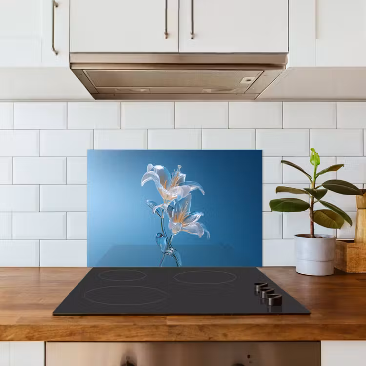 Lelies - Blauw - Glazen keuken achterwand spatscherm klein -sfeer2