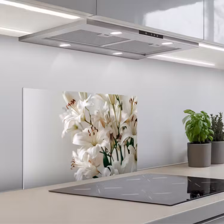Lelies - Boekte - Wit - Meeldraden keuken achterwand spatscherm klein -3d_schuin