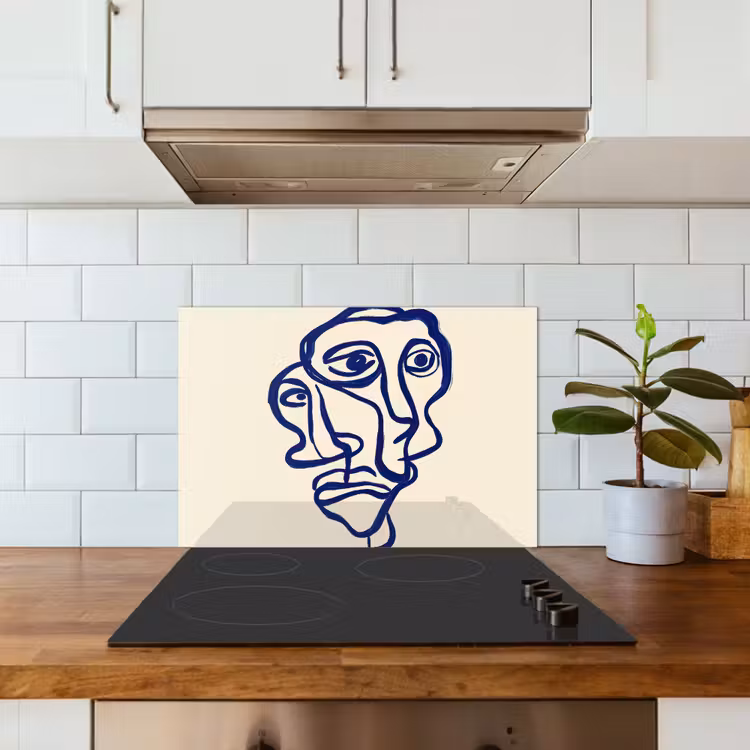 Lijntekening - Overlappende gezichten - Donkerblauw keuken achterwand spatscherm klein -sfeer2