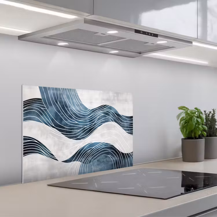 Lijnen - Golven - Abstract - Blauw keuken achterwand spatscherm klein -3d_schuin
