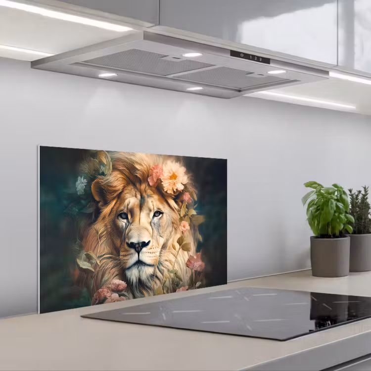 Leeuw - Leeuwenkop - Wilde dieren - Bloemen keuken achterwand spatscherm klein -3d_schuin