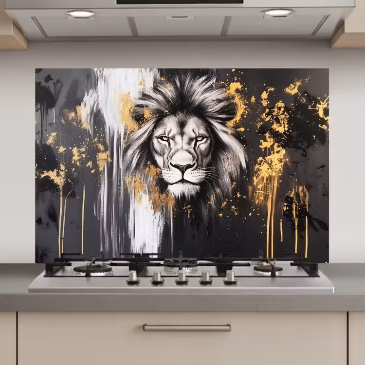 Leeuw - Portret - Verfspatten - Grijs keuken achterwand spatscherm klein -3d_website