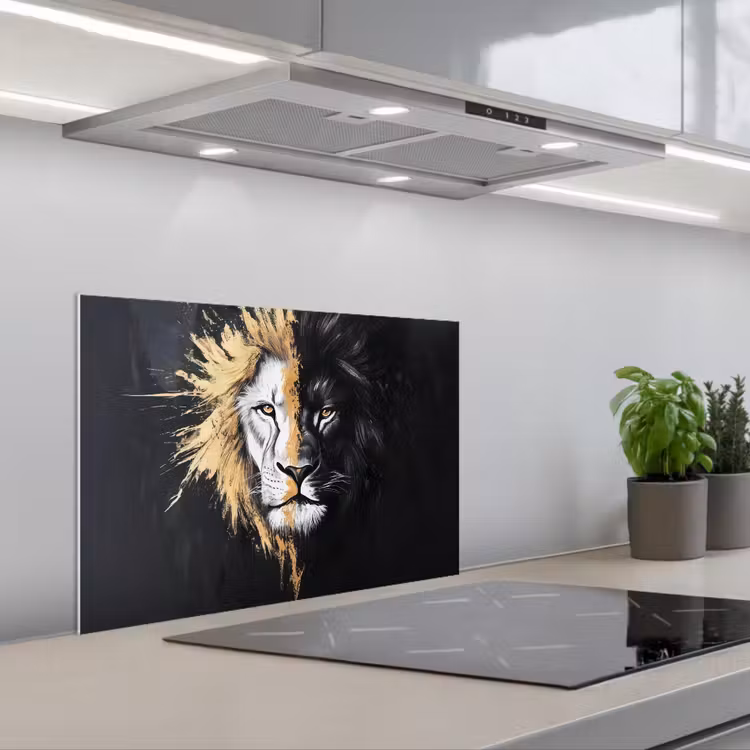 Leeuw - Gesplitst - Zwart - Lijn keuken achterwand spatscherm klein -3d_schuin