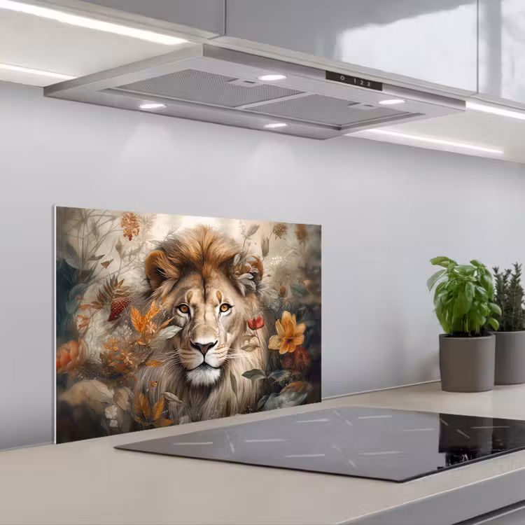 Leeuw - Wilde dieren - Planten - Natuur - Bloemen keuken achterwand spatscherm klein -3d_schuin