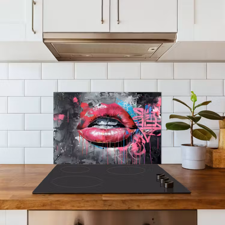 Lippen - Felroze - Graffiti - Verfstrepen keuken achterwand spatscherm klein -sfeer2