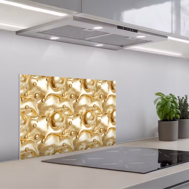 Vloeibaar - Druppels - Goud keuken achterwand spatscherm klein 900 -3d_schuin