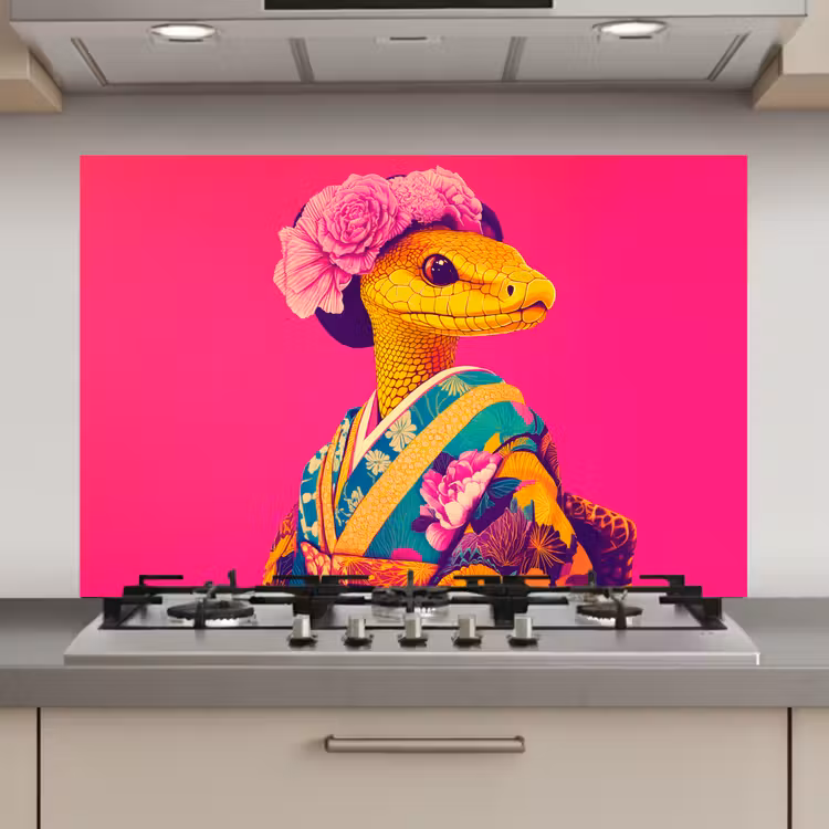 Hagedis - Bloemen - Roze - Kimono keuken achterwand spatscherm klein -3d_website