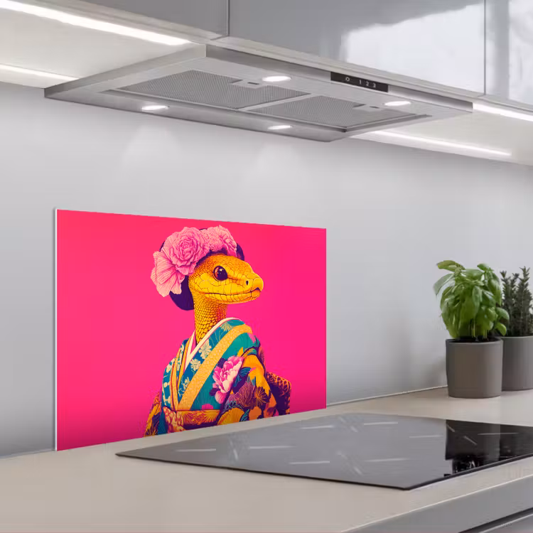Hagedis - Bloemen - Roze - Kimono keuken achterwand spatscherm klein -3d_schuin