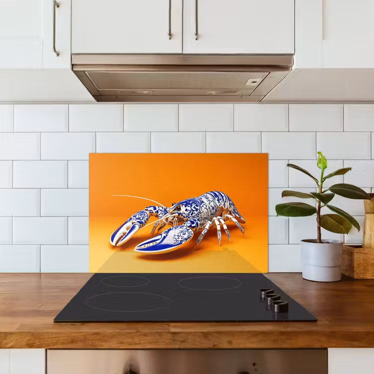 Kreeft - Delftsblauw - Schild - Stoer - Oranje keuken achterwand spatscherm klein -sfeer2