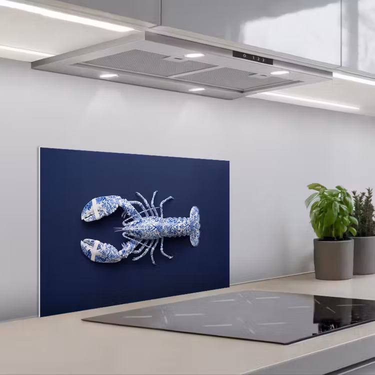 Kreeft - Porselein - Delfts - Blauw keuken achterwand spatscherm klein -3d_schuin