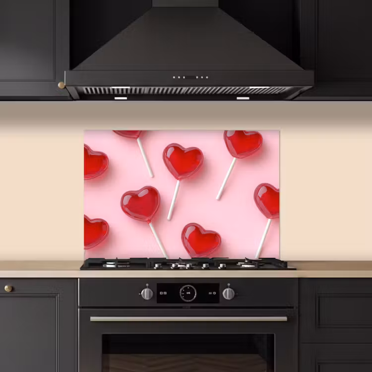 Lollies - Hartjes - Roze keuken achterwand spatscherm klein -sfeer1