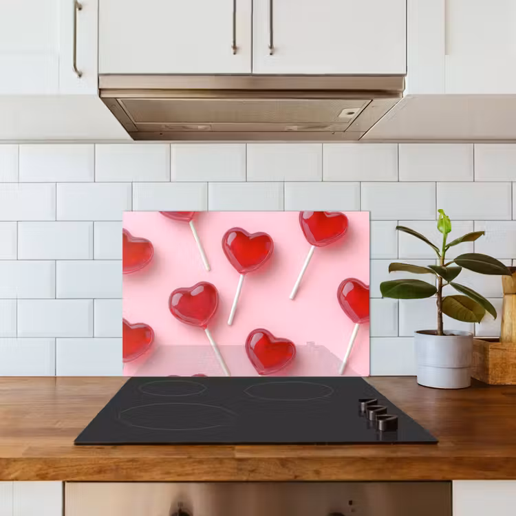 Lollies - Hartjes - Roze keuken achterwand spatscherm klein -sfeer2